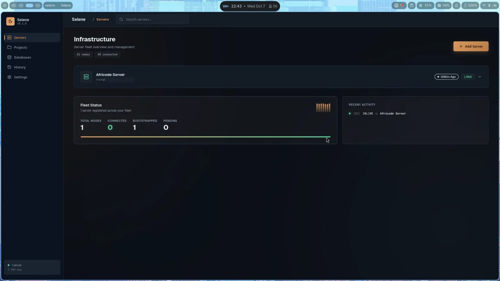 selen page showing the home page with a connected server